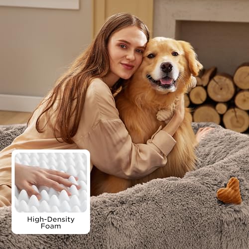 Image of Bedsure Human Dog Bed, 71.0 inch x 44.0 inch x 12.0 inch Calming Giant Human Dog Bed for Adults People Fits Pet Families with Storage Pocket, Fluffy Faux Fur Orthopedic Pet Bean Bed, Camel