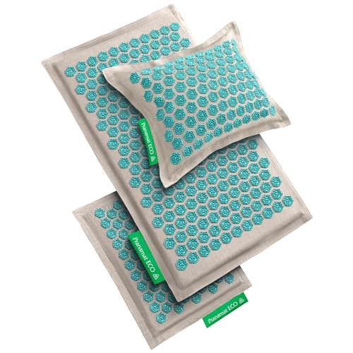 Pranamat Acupressure Large & Small Mat with Pillow Set Premium Acupressure Therapy for Pain Relief and Relaxation Handcrafted in Europe with Sustainable and Natural Materials (Lagoon)