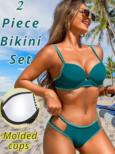 Women Sexy 2 Piece Molded Cup Bikini Set, Underwire Push Up Bathing Suit, Color Block Shell Stitched Cheeky Swimsuit2