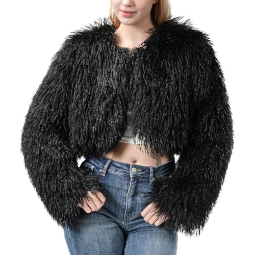 WELLATENT Fur Coats For Women,Plus Size Cropped Mongolian Faux Fuzzy Jacket Fluffy Fall Coat.
