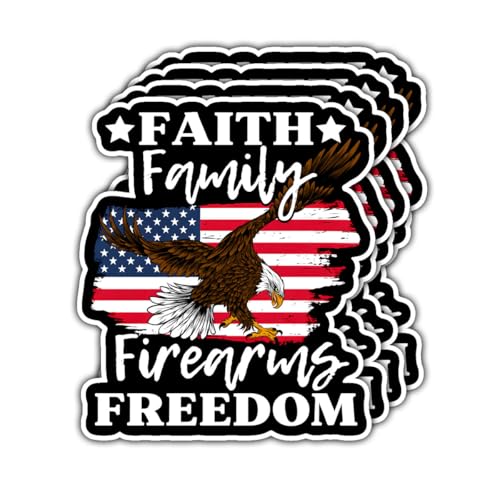 4pcs Faith Family Firearms Freedom Stickers, Patriotic American Eagle Design, Ideal for Veterans, Military Supporters, Flag Enthusiasts, for Laptop, Water Bottle, Tumbler D48 3 Inches