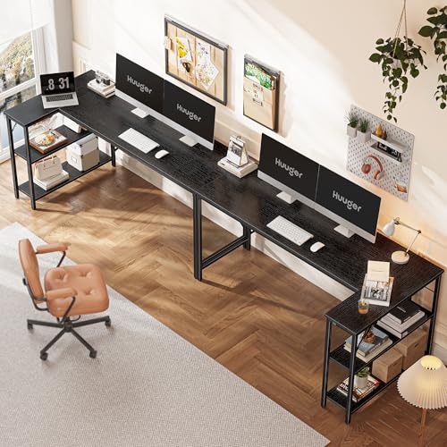 Huuger L Shaped Desk, 63 Inches Computer Desk with Reversible Storage Shelves, Gaming Corner Home Office Writing Study, Metal Frame, Black