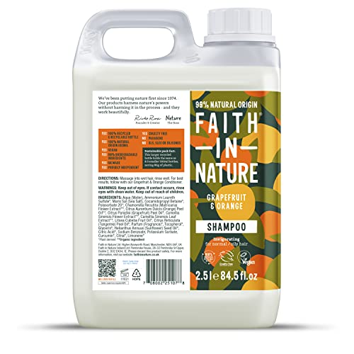 Faith In Nature Natural Grapefruit & Orange Shampoo, Invigorating, Vegan & Cruelty Free, No SLS or Parabens, For Normal to Oily Hair, 2.5L
