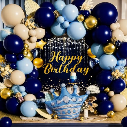 ECVV Happy Birthday Balloon Decoration Kit 50 Pieces Birthday Decorations Set with Blue Light Blue Ivory and Gold Balloons Birthday Banner Crown Balloon Tape & Glue For Boys Girls and Adults