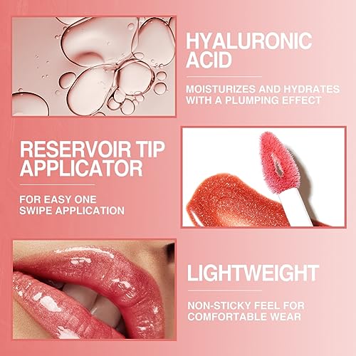 Ofanyia Hyaluronic Acid Lip Gloss, Shimmer Plumping Liquid Lipstick, Moisturizing Long-lasting Smooth Texture Lifter Lip Gloss with Heart Brush (01#) - Image 7