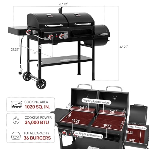 2-Burner Gas and Charcoal Combo Grill with Offset Smoker & Side Burner, 34,000 BTU Dual Fuel Grill, 1020 Sq. In. Cooking Area, Ideal for Outdoor Cooking, Black, ZH3005Y-SC