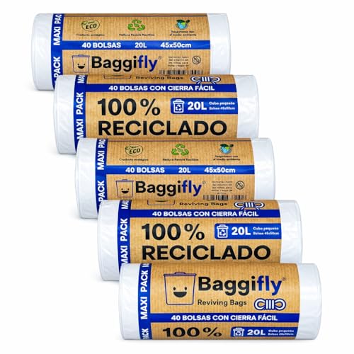 Baggifly, Bolsas de Basura 20L, 200 Bolsas Resistentes, 100% Recicladas, Cierre Fácil, ECO Friendly, Ideal para oficinas, clínicas, hoteles, baños, Maxi Pack 5 x 40, Fabricado en España, Blanco