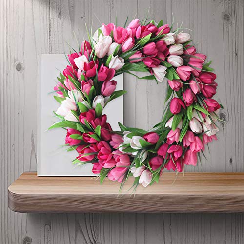 Fonzci 20 Inch Artificial Tulip Wreaths Door Wreath, Spring Decorative Wreath With Silk Flower & Green Leaves For Front Door Wall Window Porch Decorations #TOP4