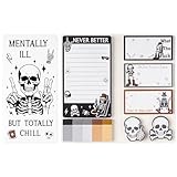 Xqumoi Funny Skull Skeleton Sticky Notes Set - Black White Gothic Skeleton Self-Stick Note Pads Halloween Hippie Notepads Writing Memo Pad Page Marker Bookmarker Index School Office Supplies Gift