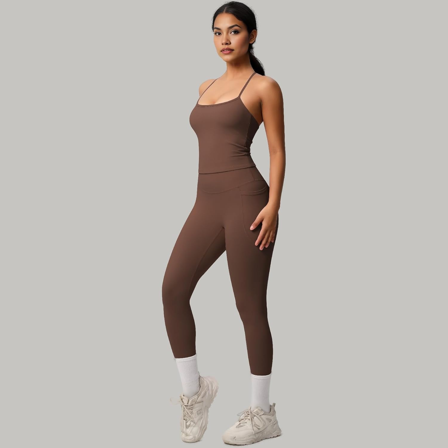 3-Piece Women’s Workout Set – Zip Jacket, Strappy Tank & High-Waist Pocket Leggings – Stretchy Outfit - Image 5