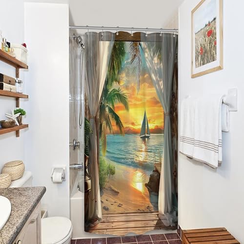 Image of Riyidecor Small Stall Beach Shower Curtain 36Wx72H Inch RV Half Coastal Ocean Sea Hawaiian Sunset Tropical Single Narrow Barn Door Rustic Bathroom Decor Fabric Polyester Waterproof 7 Pack Hooks