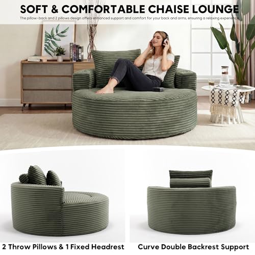 Image of Oversized Round Chair Lounge Chaise Indoor, 55.5 inch Upholstered Corduroy Deep Seat Single Cloud Sofa Chair with Cup Holder, Modern Large Circle Boneless Sleeper Sofa for Living Room,Green