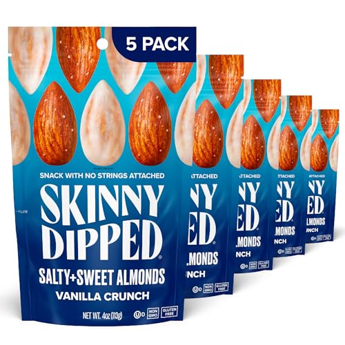 Image of SkinnyDipped Salty + Sweet Vanilla Almond Crunch, Healthy Snack, Plant Protein, Gluten Free, 4 oz Resealable Bags, Pack of 5