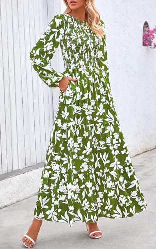 Image of PRETTYGARDEN Women's Fall Dresses 2026 Long Sleeve Flowy Casual Floral Maxi Dress Crew Neck Smocked Tiered Long Dress