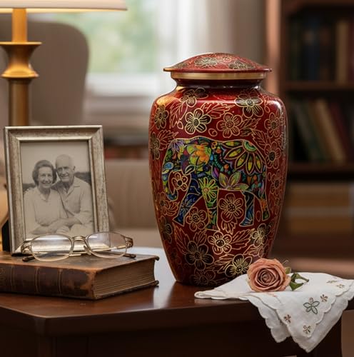 eSplanade Metal Cremation Urn Memorial Jar Pot Container | Full Size Urn for Funeral Ashes Burial | Elephant and Flowers Printed Metal Urn | Red-Multi - 10" Inches