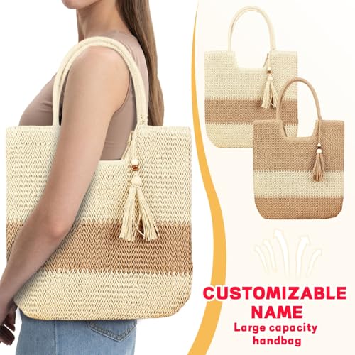 Personalized Name Woven Tote Bag with Embroidery Name, Custom Straw Bag,Beach Women Hand Bag,Holiday Summer Vacation Tote Bag2