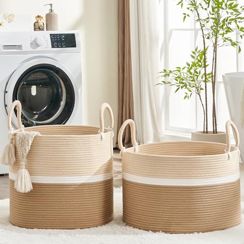 KAKAMAY Large Blanket Basket (18"x18"x16"),Woven Baby Laundry Hamper for Storage, Cotton Rope Blankets Baskets for Nursery, Laundry, Living Room, Pillows, Baby Toy chest with Handles (Light Brown) by KAKAMAY - Image 6