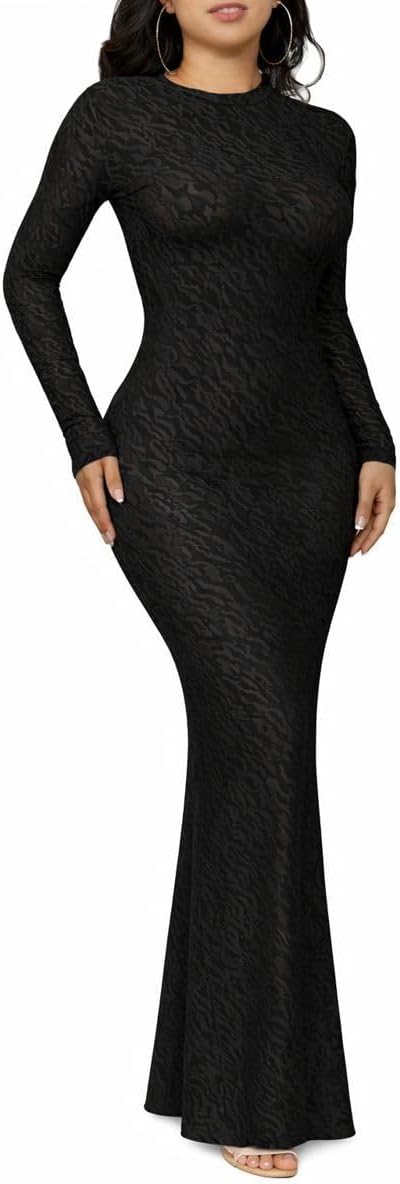 acelyn Women’s Elegant Floral Bodycon Maxi Dress Formal Long Sleeve Mock Neck Wedding Guest Party Cocktail Dress