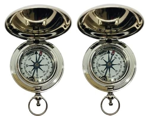 Brass Handmade 2 Inches Push Button Compass, Pocket Directional Magnetic Compass with Chrome Finish (Set of 2) with Leather Case-picture-33