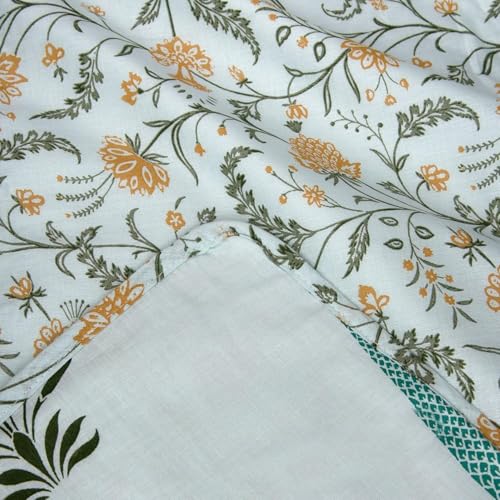 Image of HUESLAND 100% Cotton Reversible Dohar Single Bed Cotton | Soft Cambric Weave, Lightweight AC Blanket for Summer & All Weather Use | 56 x 89 inches, Botanical Fusion - Celest Blue, Green & Mustard