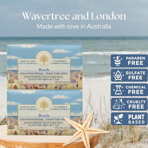 Image of Wavertree & London Beach Scented Natural Soap (2 Bars), 7oz Moisturizing French Triple Milled Soap Bars enriched with shea butter - Pure Plant Based Bath & Body Bars for All Skin Types