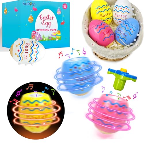 Easter Eggs Basket Stuffers Toys Gifts for Toddler Boys Girls,4 Pack Light up Spinning Tops with Music, Non Candy Easter Egg Hunt Party Favor Supplies Goodie Treat Bag Fillers Classroom Prize for Kids