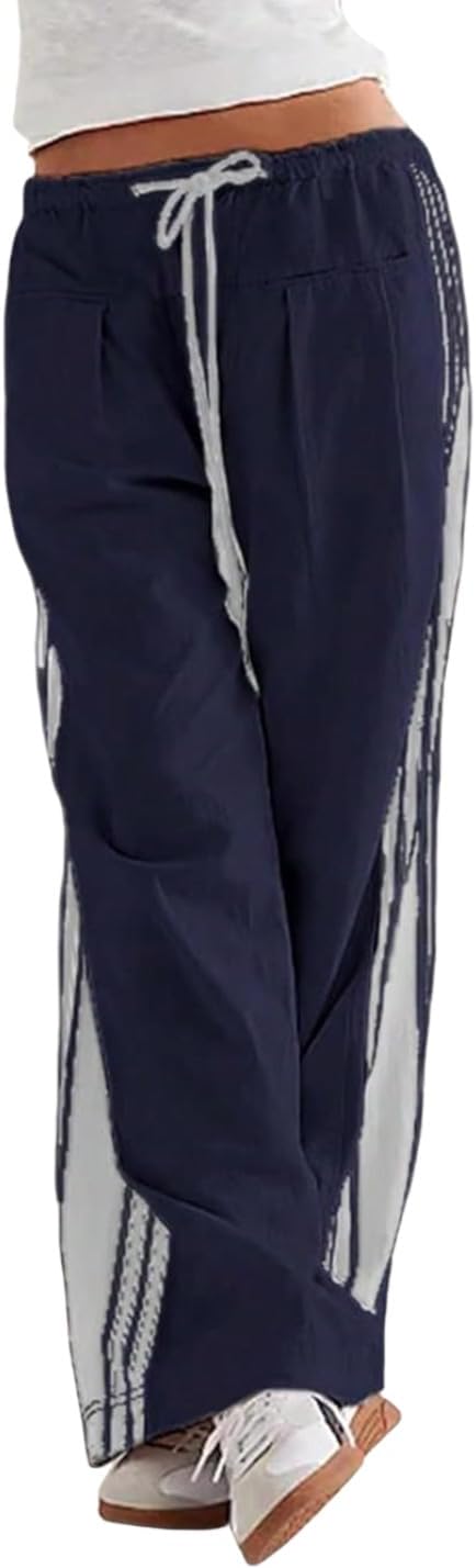 ZAFUL Women's Colorblock Straight Casual Pants Drawstring Slouchy Palazzo Pant Side Striped Lounge Trouser with Pockets