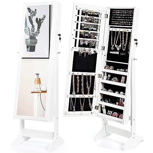 COSTWAY Schmuckschrank mit Ganzkörperspiegel, freistehender Schmuckständer, mit 108 Ohrringfächern, 18 Halskettenhaken, 98 Ringfächern, 5 Make-Up-Fächern, 2-in-1-Schmuckkommode (Weiß)