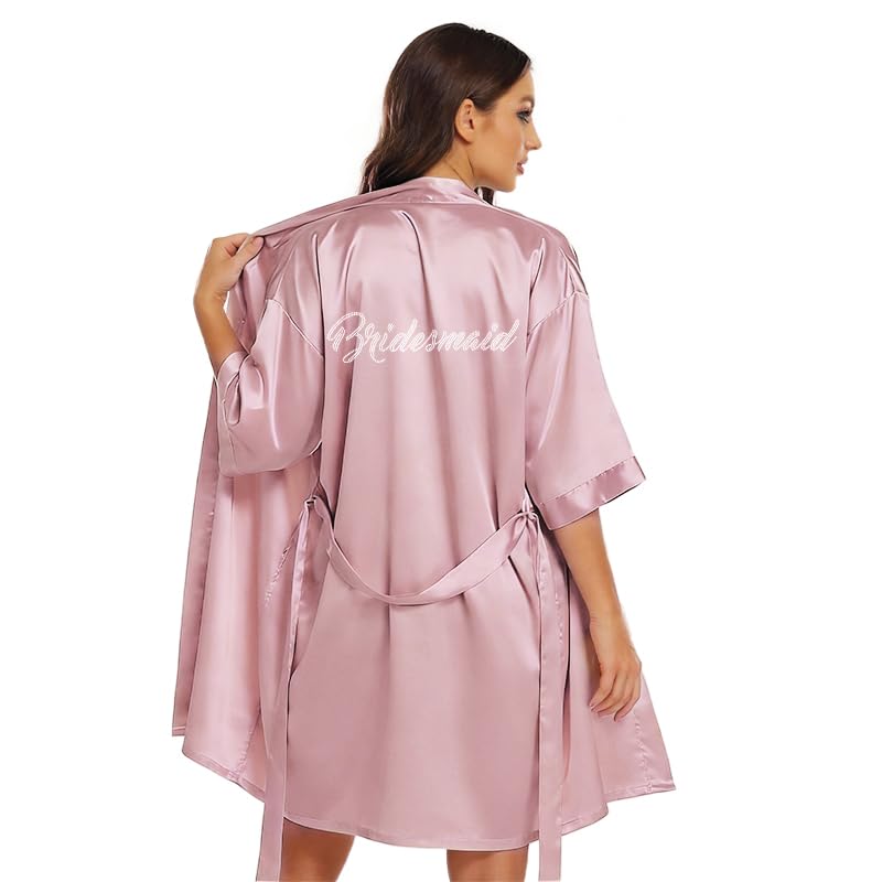 Image of Women's Bride Bridesmaid Robes Short Satin One Size Silver Rhinestones Wedding Party Getting Ready Sleepwear