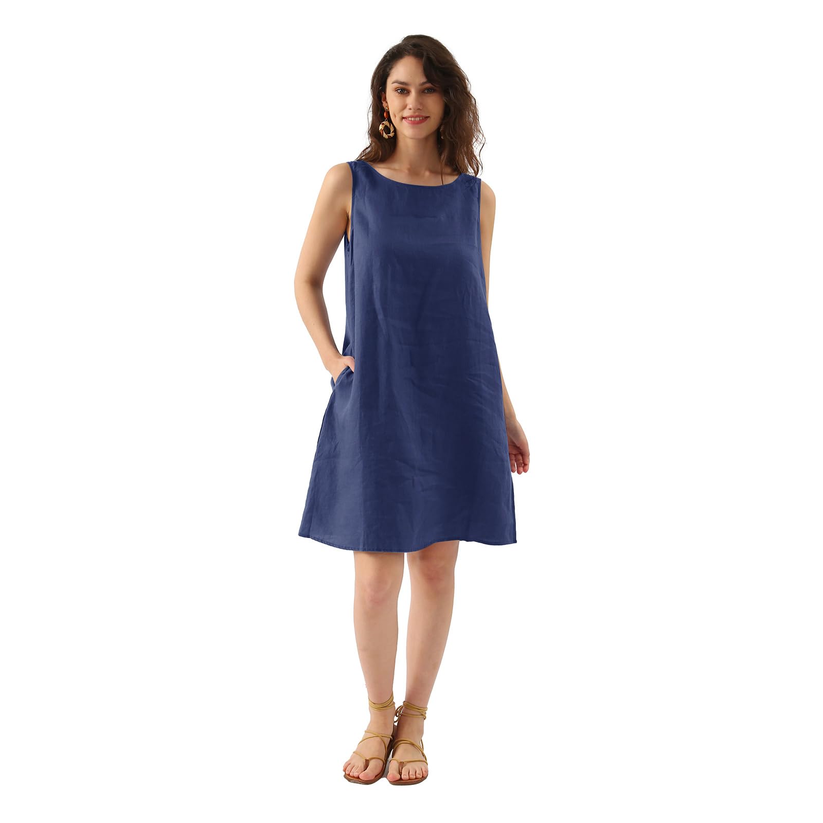 Amazhiyu Abito da donna, senza maniche, estivo, da spiaggia, lunghezza al ginocchio, girocollo, con tasche