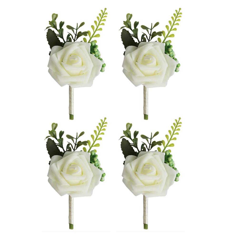 VOANZO 4 Unidades de abotonera de Boda Artificial PE Rosa Flores corpiño para Novia Casada niños de Honor niña Ramo Broche 15x8x5 cm (Blanco)