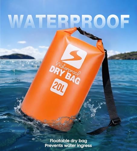 Image of Soulsfeng Waterproof Dry Bag Backpack, Roll Top Floating Dry Storage Bag with Phone Case, Lightweight Dry Sack for Kayaking, Boating, Beach, Travel, Camping 20L, Orange