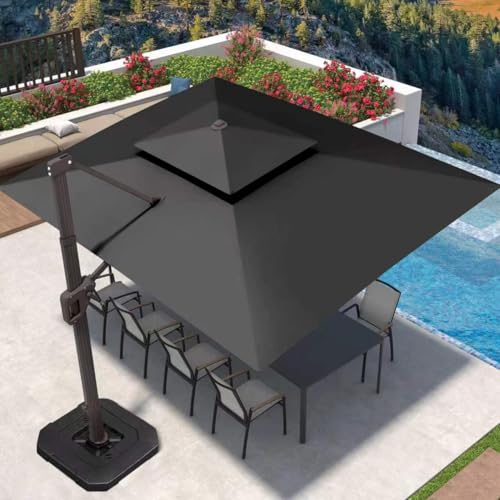 Image of Deconk 9' X 12' Patio Umbrella with Weighted Base and LED Lights Outdoor Cantilever Large Rectangle Offset Umbrellas Heavy Duty Aluminum Double Top with 360-degree Rotation for Pool Garden Deck, Grey