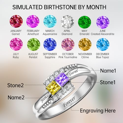 925 Sterling Silver Personalized Name Ring with 2 Heart Birthstones Custom Name Gift Promise Ring Gift for Women for Anniversary Mother's Day Gift for Mom Ring with names for Her Birthday Christmas3