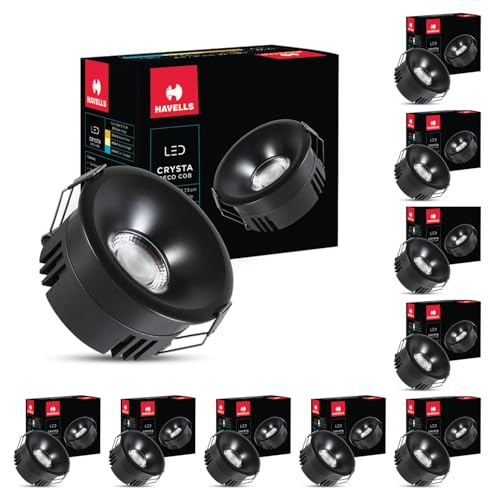 Image of Havells Crysta Deco Cob 7W 4K Matt Black,Led-Spotlights,Energy Efficient,Long Life of 25000 Burning Hours,Beam Angle of 36,Metal Body Cob with Independent Driver,Natural Daylight (4000K) Pack of 10