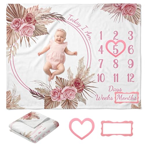 Image of Warmther Baby Monthly Milestone Blanket, 40"x50" Flannel Monthly Milestone Photo Backdrop, Washable & Dryable, Floral Boho