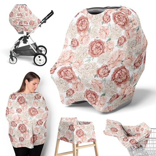 Image of Sweet Jojo Designs Blush Pink Boho Shabby Chic Floral Girl Infant Baby Car Seat Cover Nursing Breastfeeding High Chair Shopping Cart Stroller Carseat Canopy Carrier Multipurpose Use Ivory Bohemian