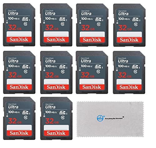 Exclusive SanDisk 32GB Ultra SD Memory Card (10 Pack) SDHC UHS-I Card Class 10 (SDSDUNR-032G-GN3IN) Bundle with 1 Everything But Stromboli Microfiber Cloth