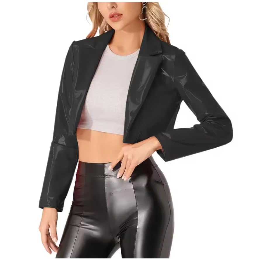 Punk Short Wetlook PVC skórzana klapa z długim rękawem przycięte topy odzież klubowa gotyckie damskie płaszcze personalizacja