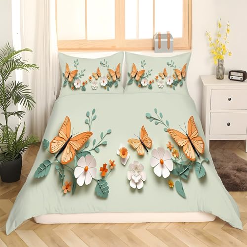 Housse de Couette 200x200 Papillon Vert en microfibre avec 2 taies d'oreiller
