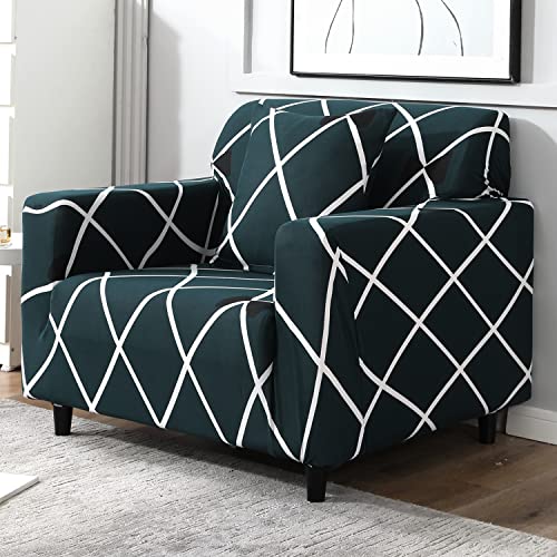 Image of HOKIPO 95% Polyester, 5% Spandex Elastic 1 Seater Sofa Cover Stretchable Slipcover, Teal Diamond (AR-4093-D22)