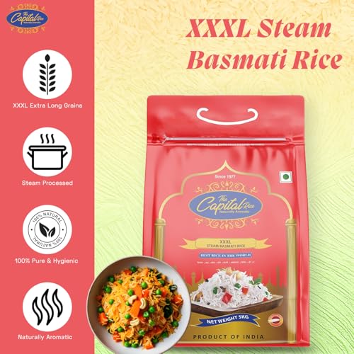 Image of The Capital XXXL Steam Basmati Rice - 5Kg | Premium Aged Long-Grain Rice | Naturally Aromatic, Extra Long, Fluffy & Non-Sticky | Ideal for Biryani, Pulao & Daily Cooking