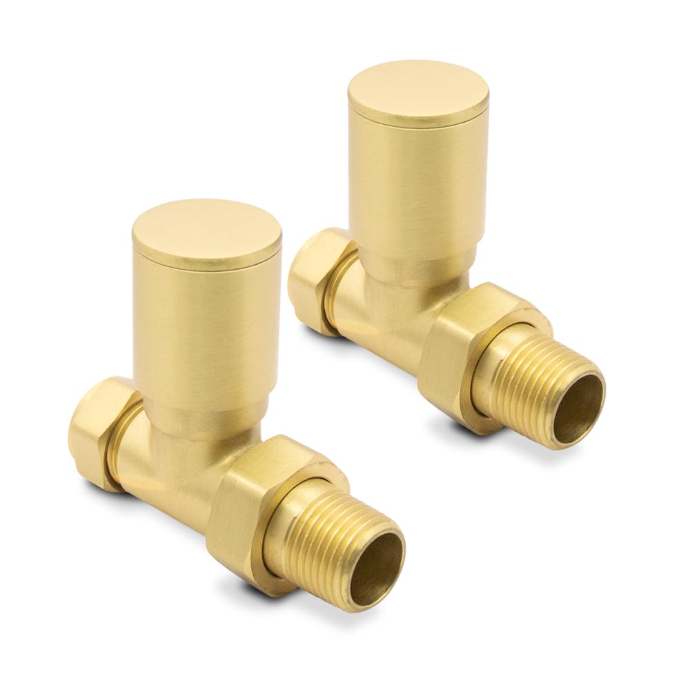 Straight Round Top Brushed Brass Valves for Radiators & Towel Rails