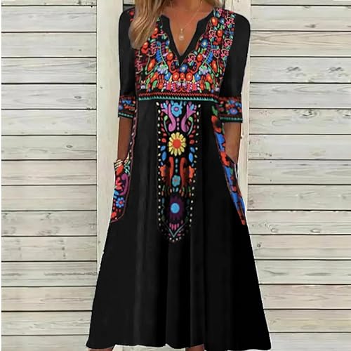 Akivide Fall Mexican Dress for Women,3/4 Sleeve V Neck Floral Embroidered Print Maxi Dresses with 2 Pockets2
