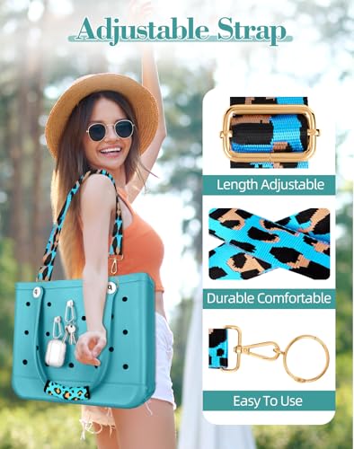 Image of Bag Strap Crossbody Charms for Bogg Bag Accessories - Shoulder Strap Neoprene Luggage Handle Wrap for Suitcase & 2 Key Holders Blue Leopard