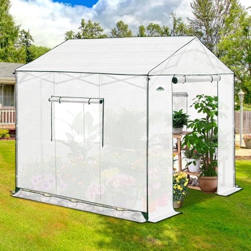 Image of EAGLE PEAK 8x8 Pop Up Walk in Greenhouse, Easy Setup, Gable Roof, White