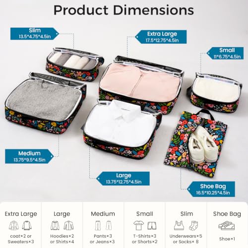 Image of BAGAIL 4 Set /6 Set /8 Set Compression Packing Cubes Travel Accessories Expandable Packing Organizers (Half Mesh, 6-Black Floral)