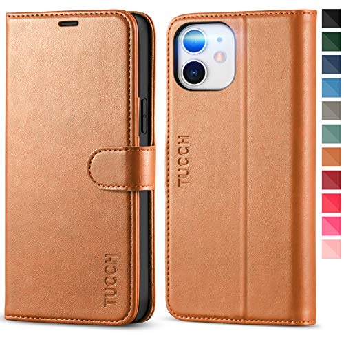 TUCCH Wallet Case for iPhone 12/iPhone 12 Pro 5G, Magnetic PU Leather Stand Flip Cover with TPU Protect Inner Shell, RFID Blocking Card Slot Compatible with iPhone 12/12 Pro 6.1-inch, Light Brown