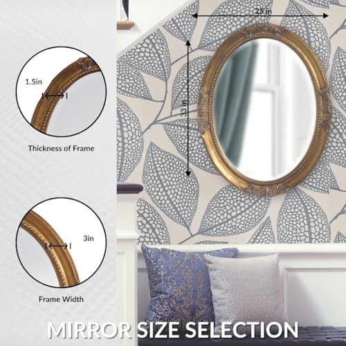 Image of Howard Elliott Collection Queen Ann Oval Antique Gold Leaf Wall Mirror, Oval Bevelled Hanging Wood Framed Vanity Mirrors for Home Decor, Living Room, Bathroom, Bedroom, or Hallway, 25 x 33 Inch