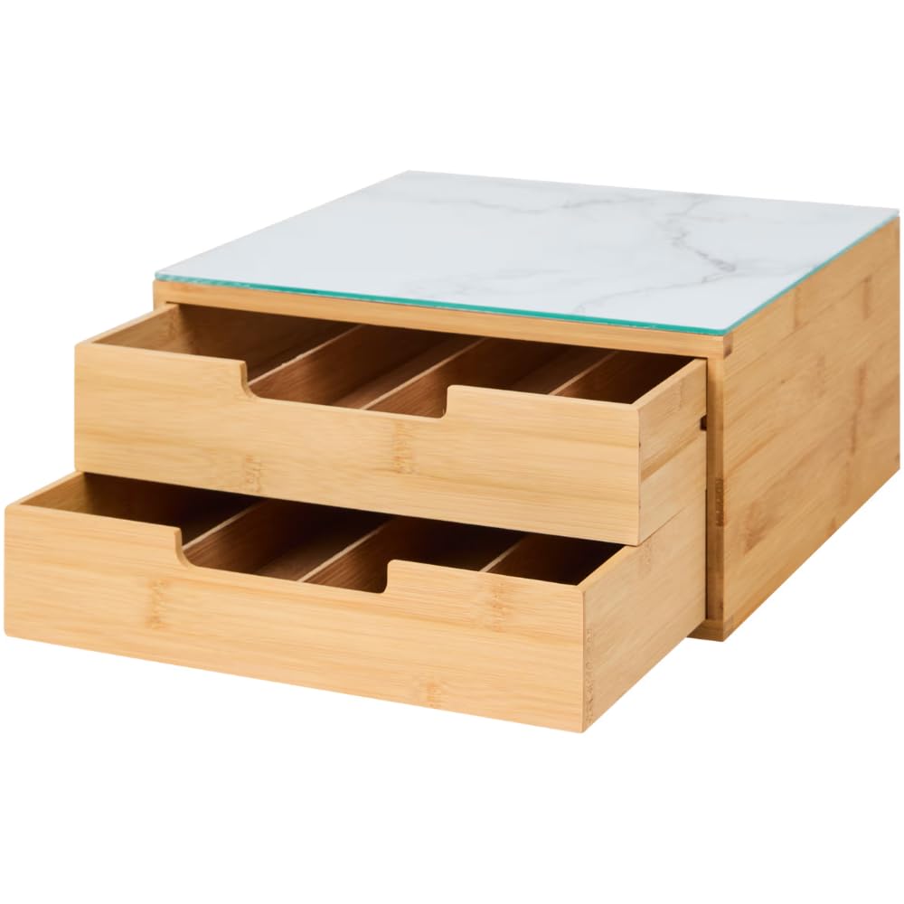 Porta Capsule Caffè in Bambù, Cassetto Estraibile, Supporto Macchina Copertura Vetro, Struttura Bamboo, Misura 30x30x10 cm, Universale Compatibile Tutte le Cialde (BIANCO DOPPIO CASSETTO)